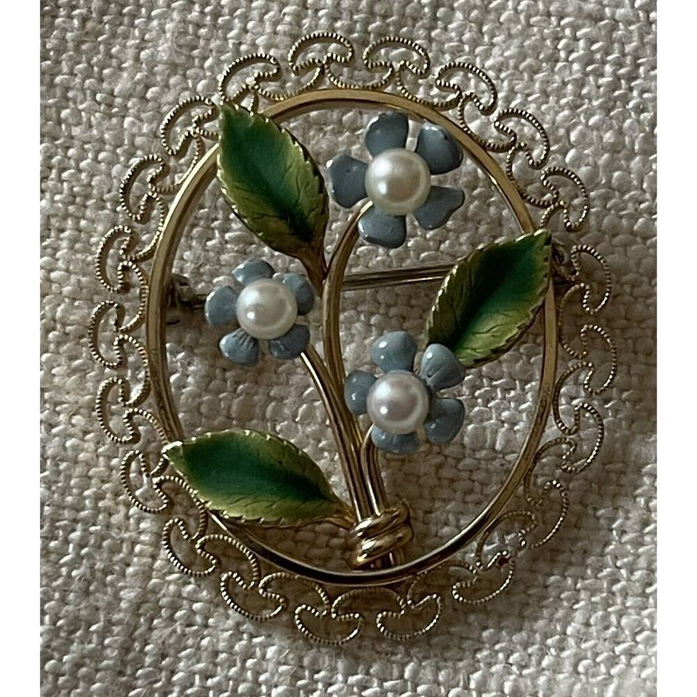 Vintage Krementz Gold Filled Forget Me Not Flower Filigree Brooch Pin Pearl Oval - Picture 10 of 11